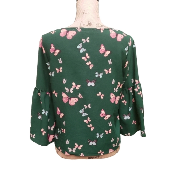 Stella Tweed Forest Green Butterfly Print Bell Sleeve Blouse Size M - Picture 4 of 12